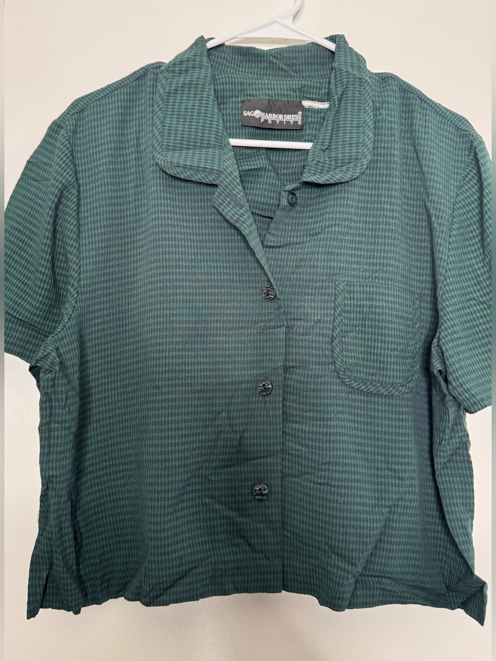 Sag Harbor Teal Green Micro-Check Short-Sleeve Button-Down crop boxy 90’s LG